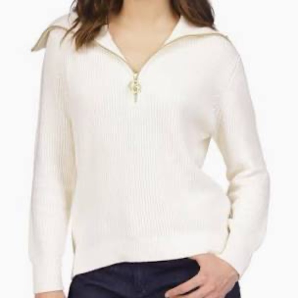 NWT Michael Kors Half Zip Sweater Ribbed Pullover Gold Hardware Cream S - Picture 1 of 6